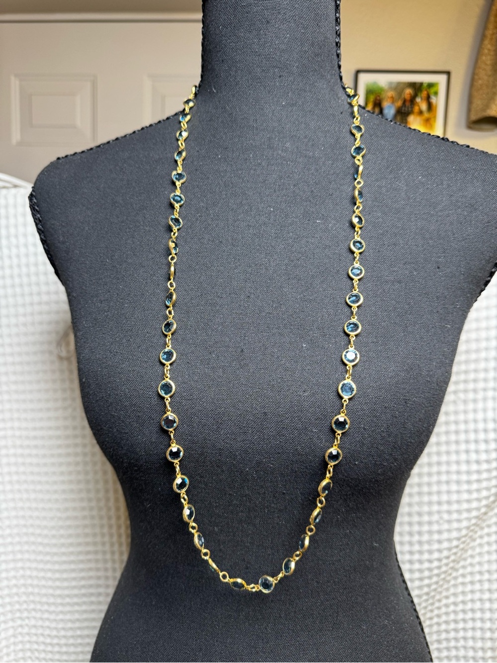 Vintage Signed Austrian Crystal USA Sapphire Blue Station Necklace 34”